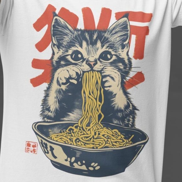 Retro Cat Ramen T-Shirt, Cute Kitty Tee - Picture 2 of 4